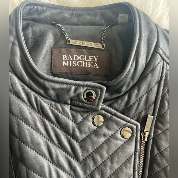 $349 Badgley Mischka Black soft leather Chevron quilted Biker jacket slim fit L - Picture 13 of 15